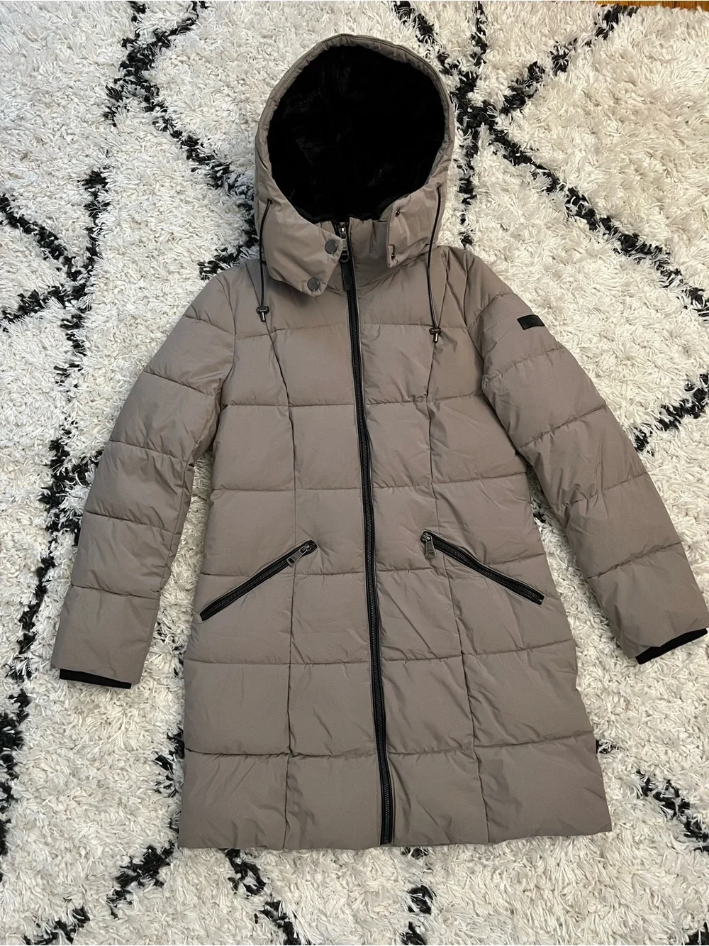 DKNY Women’s Long Puffer Coat with Hood in Taupe - Picture 1 of 5